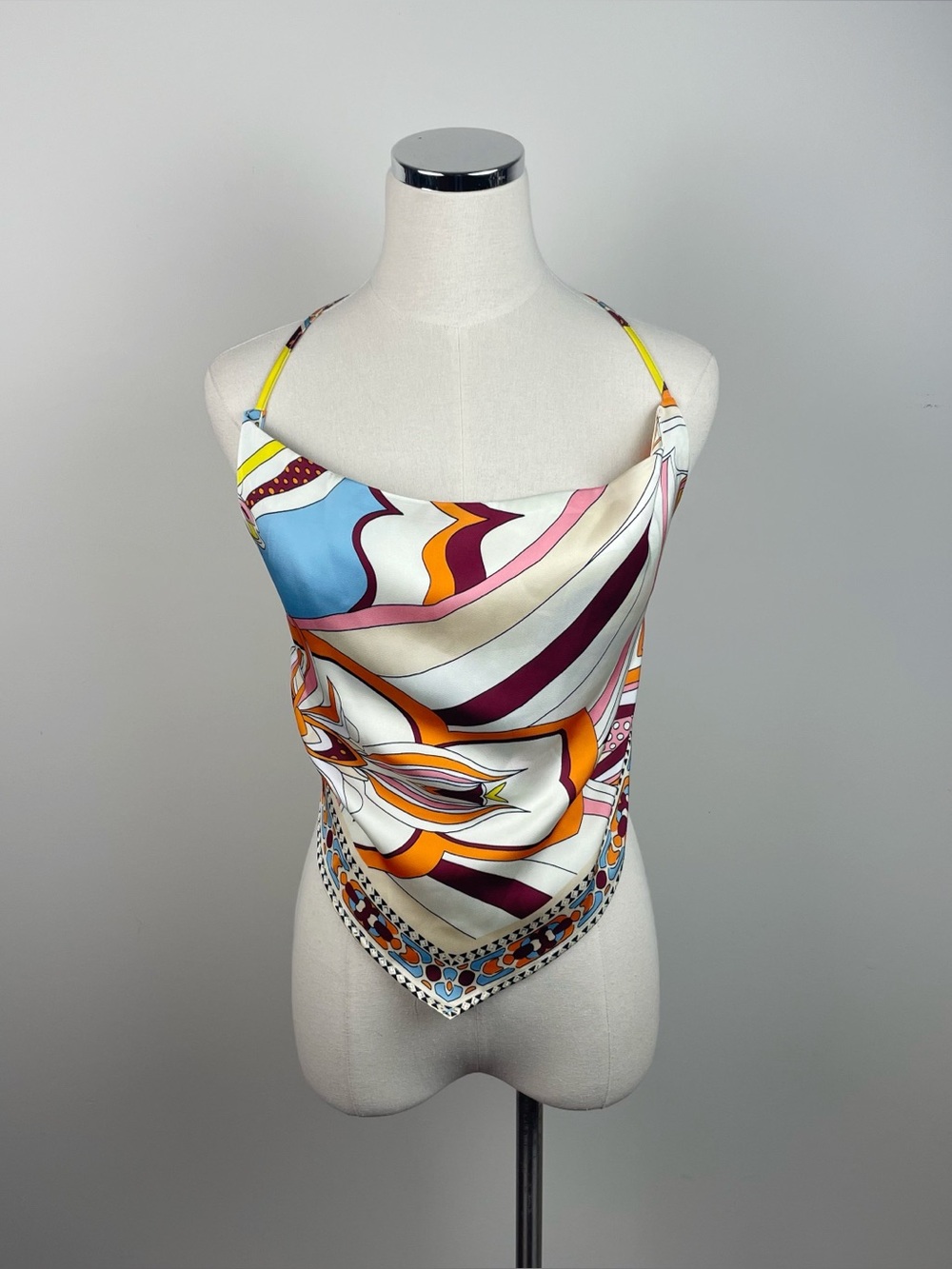 Rachel Zoe White Blue Yellow Abstract Printed Scarf Halter Top New Small Retro